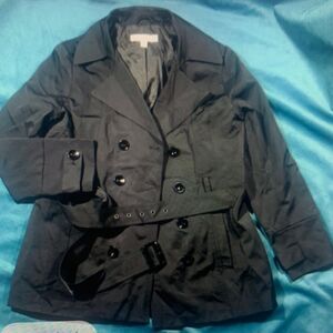 Double Breasted Citi Trench Short Coat‎ Black Womens Size L NWOT